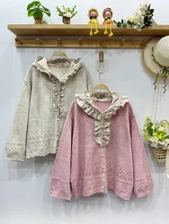 Autumn New Sweet Floral Patchwork Hooded Sweater Women Long Sleeve Single Breasted Hollow Out Sweater D150