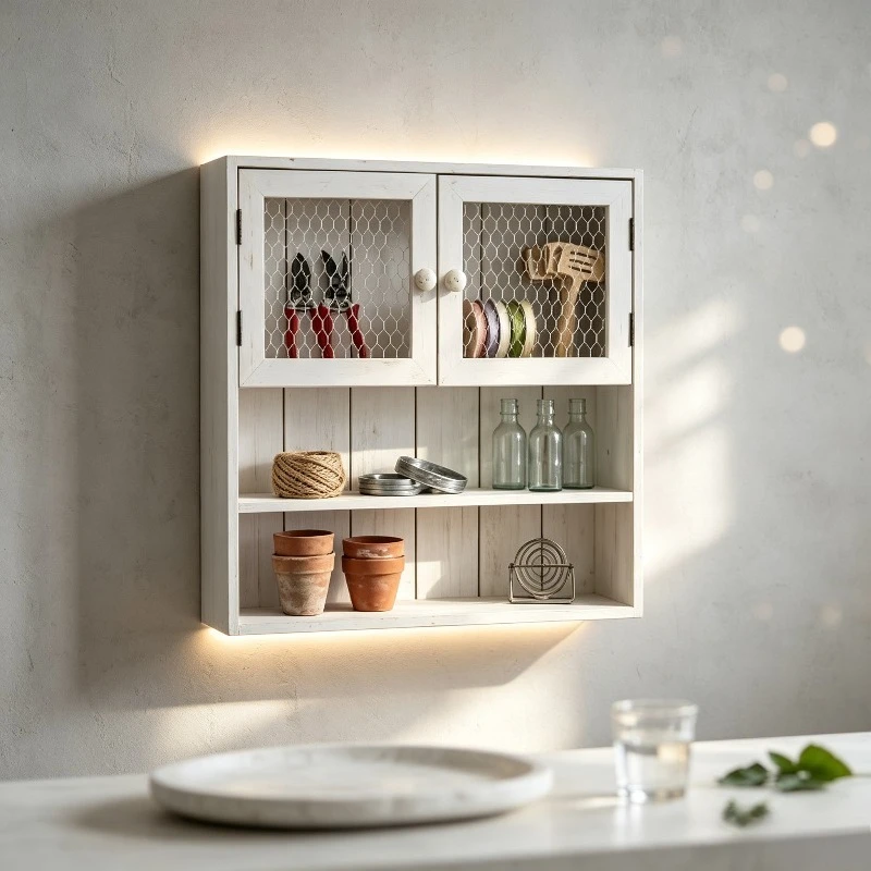 Wall Mounted Grid Cabinet Farmhouse Wood Organizer Rack Shelf Multifunctional Storage for Kitchen Living Room Home Decor