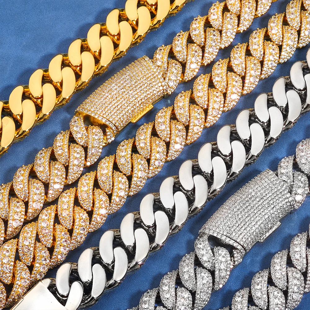 NUOYA 22mm Three Row Cuban Chain Necklace 925 Silver Iced Out VVS Moissanite Hip Hop Luxury Jewelry，