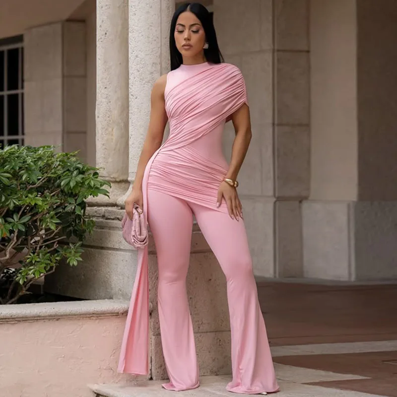 Doyerl Solid Elegant One Sleeve Women's Jumpsuits and Rompers Flare Pants Ruched Bandage Party One Piece Club Outfits Overalls - Image 3