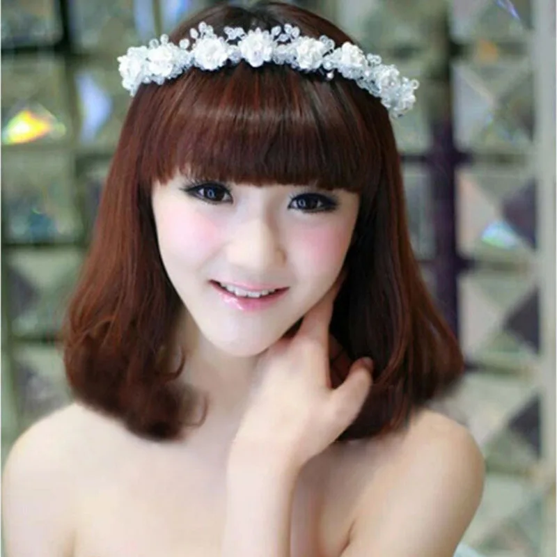 

White Ceramic Flower Headband With Ribbon Wreath Wedding Party Ladies Girls Garlands Floral Crown Hairband