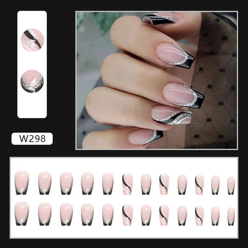 24 Pcs/Set Medium Long Ballet Press on Nails Black Glitter Acrylic French Fake Nails Art Simple Stripes Removable Fake Nails