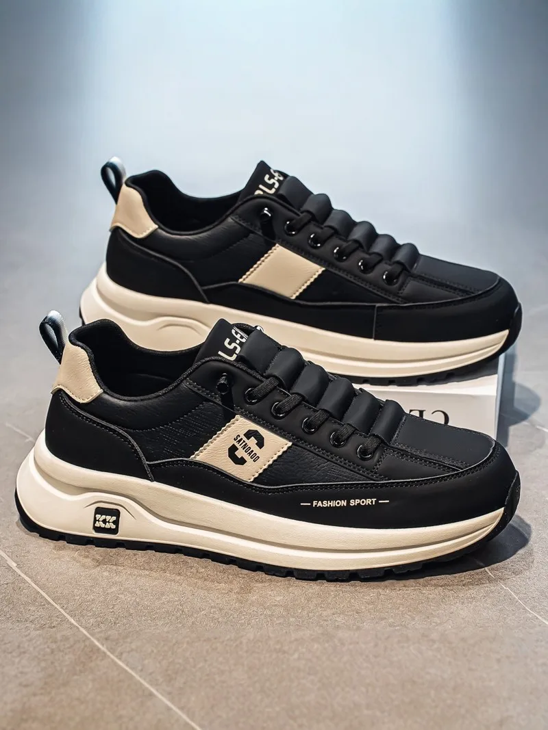 

Casual Men's Sport Shoes Spring Autumn Season Thick Bottom Breathable round Toe Rubber Outsole Fashionable Black Dad Sneakers
