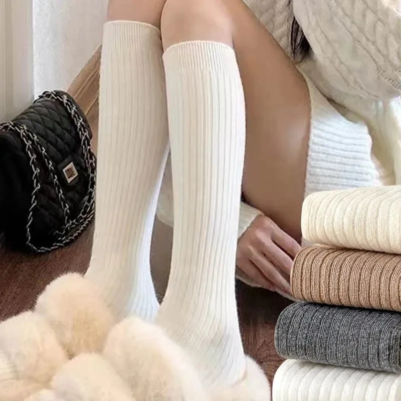 

Women Long Socks Cashmere Female Boot Solid Wool Thigh Stocking Skinny Casual Cotton Over Knee-High Fluffy Female Long Knee Sock