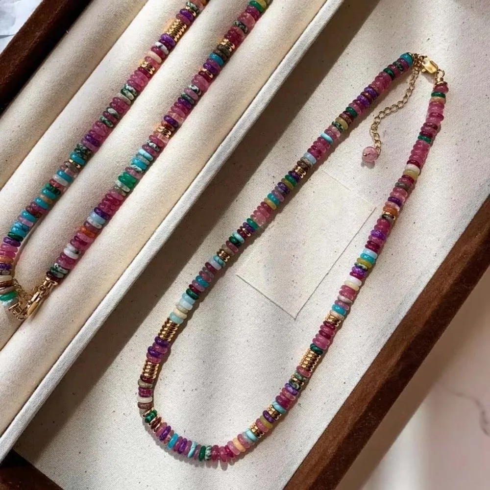 Aesthetic Natural Stone Necklace Lightweight Vibrant Boho Beaded Bracelet Hand-crafted Unique-texture Rainbow Choker