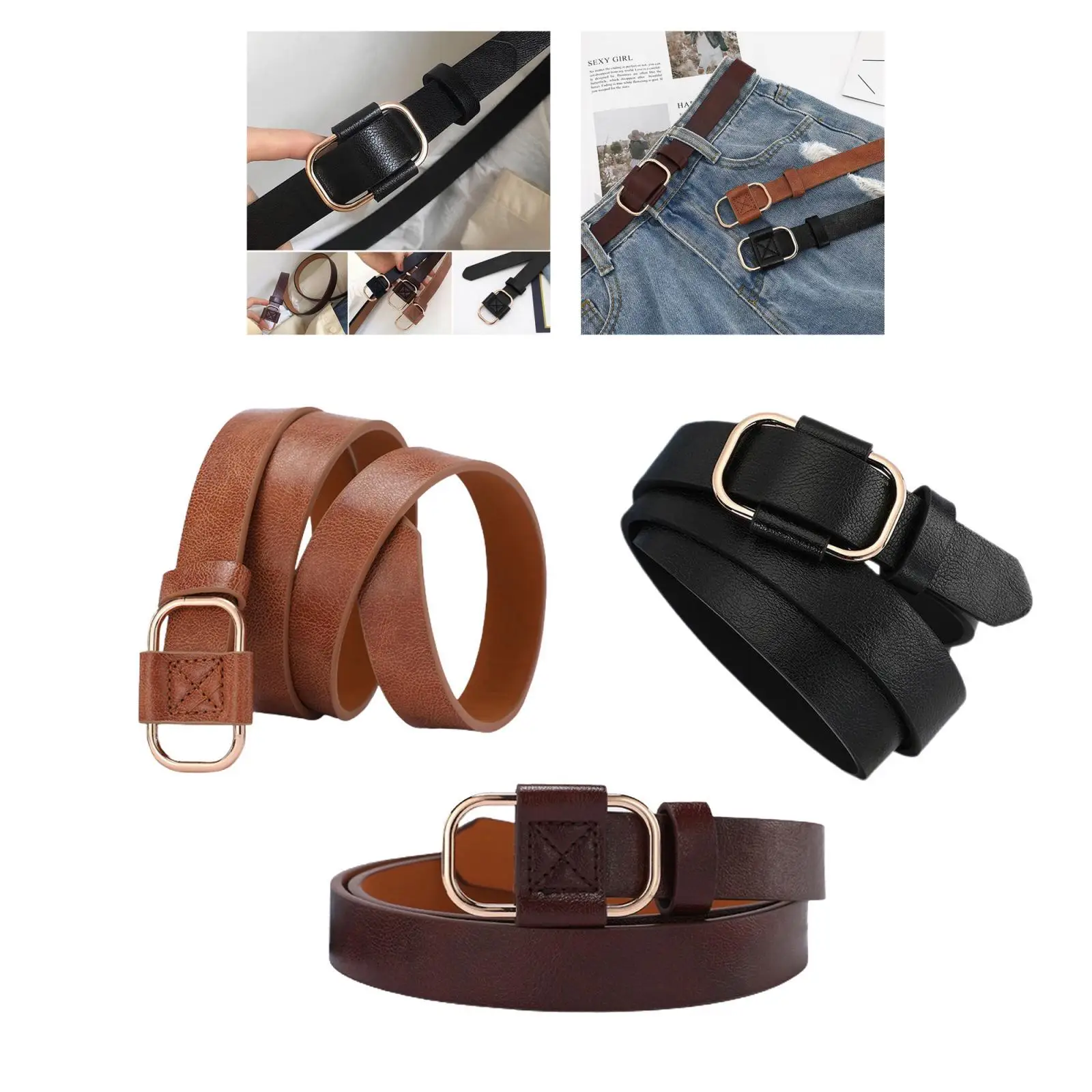 2-6pack Women Leather Belts Jeans Belts with Alloy O-Ring Buckle No Pin Black