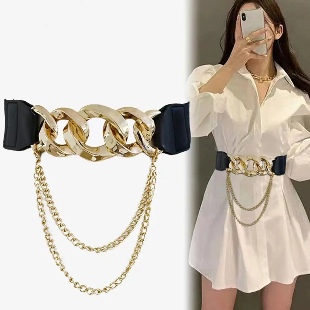 

Hollow Metal Belt Retro Denim Dress Belt with Metal Chain Decor Stylish Women's Waistband for Shirt Tops Clothing Accessory Wide