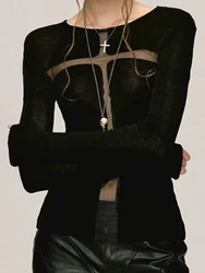 QWEEK Y2k See Through Cross Goth Harajuku Grunge Top Sexy Black Gothic Mesh Tshirts Women Long Sleeve 2024 Fashion Spring