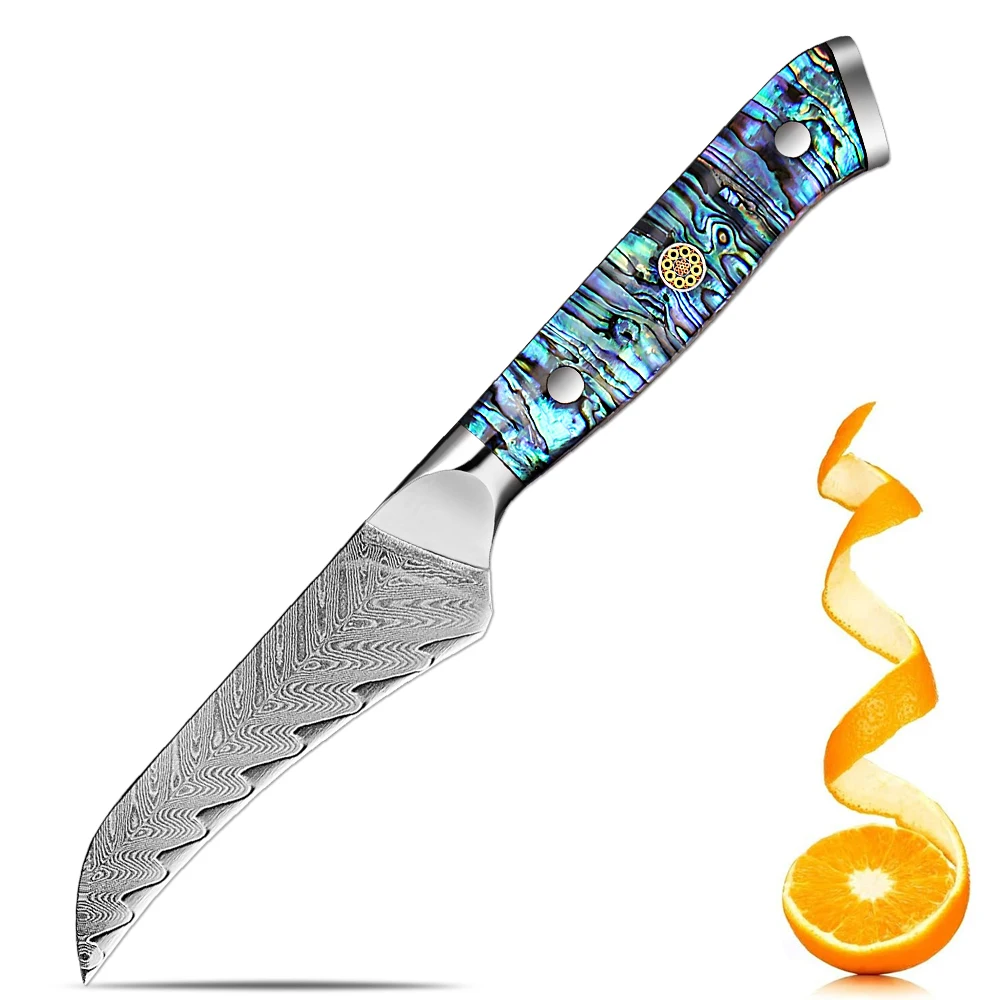 3.5 Inch Fruit Knife Damascus Steel Paring Knife Curved Blade Sharp Household Kitchen Peeling Knife Abalone Shell Acrylic Handle