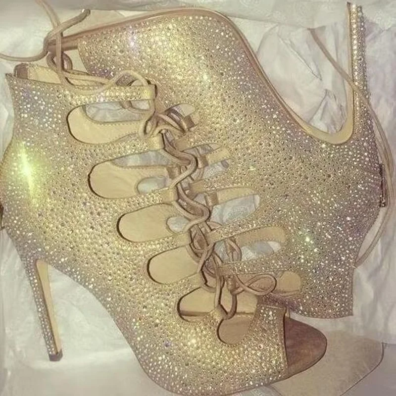 Luxury Bling Bling Crystal Ankle Boots Women Peep Toe Lace-up Beige Gold Black Rhinestone Cut-out Gladiator Sandals Shoes Women