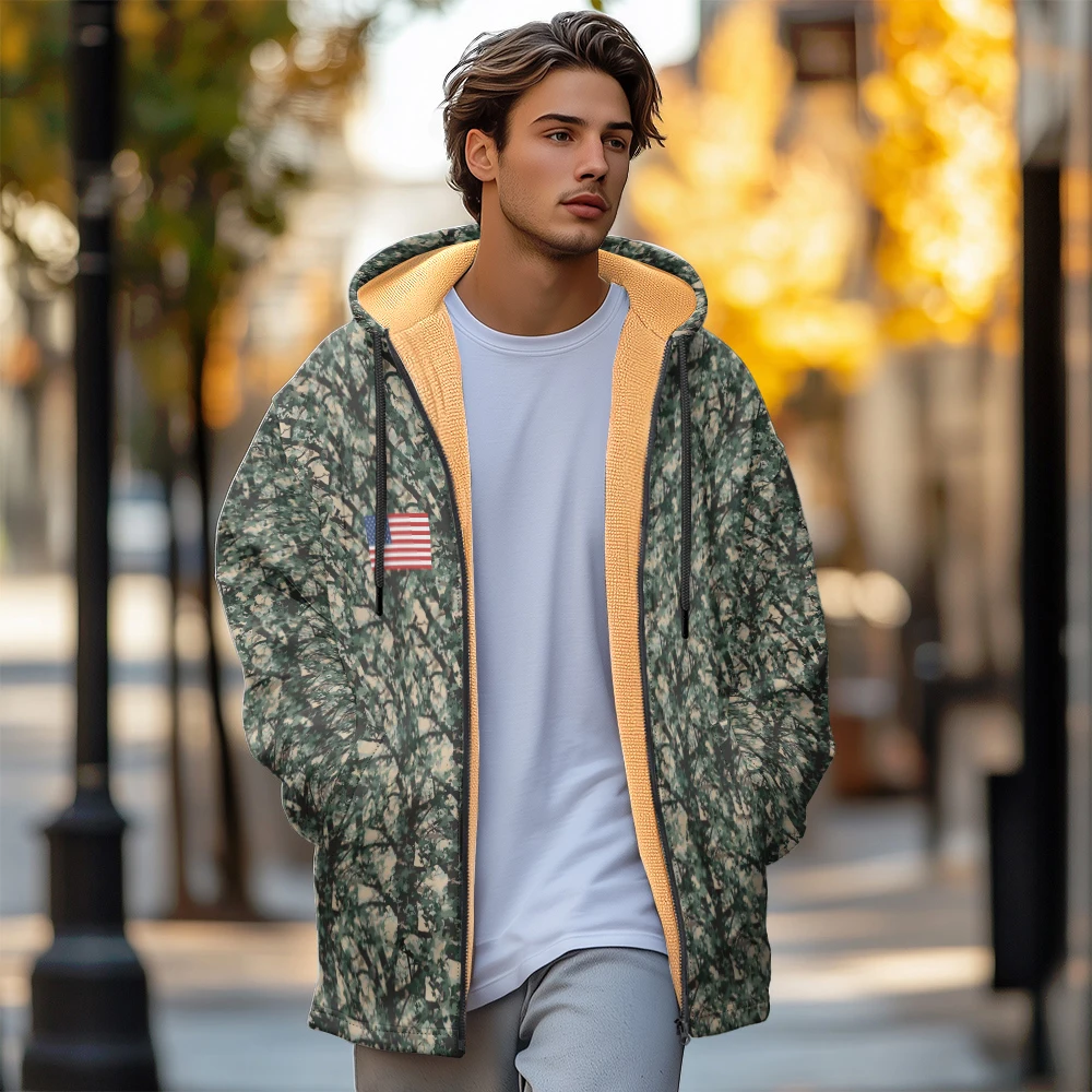 Man winter clothing, New in Down Coats, Green and black graffiti style flag cotton-padded jacket clothing, feather pocket zipper