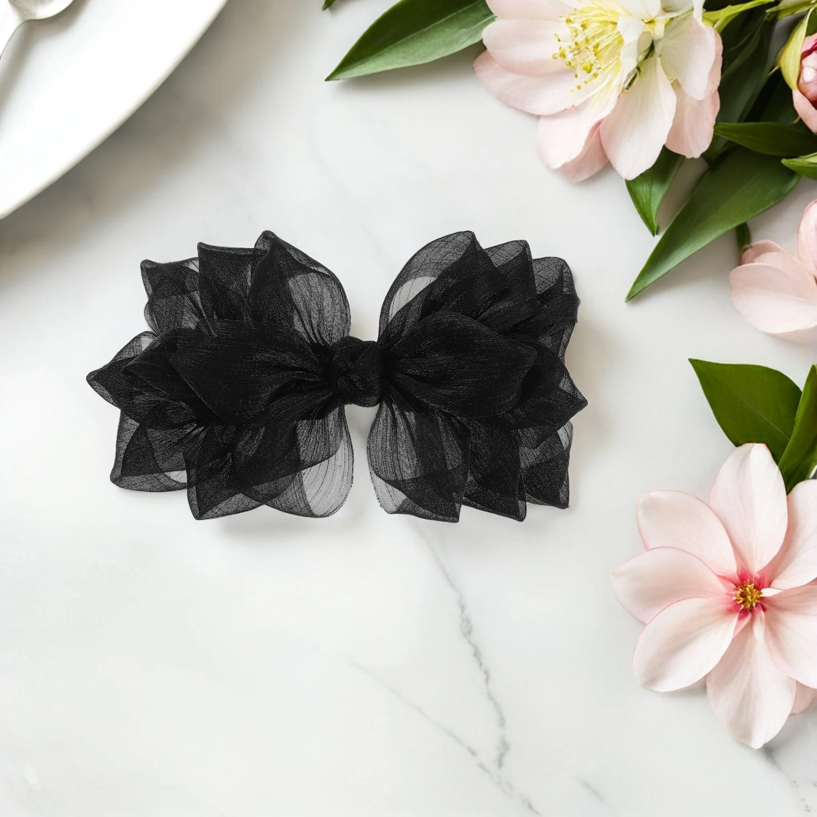 2개입 공주 스타일 헤어 클립 우아한 오간자 리본 바레트 신부 웨딩 헤어 액세서리 파티 프로모션 브라이드메이드 포니테일