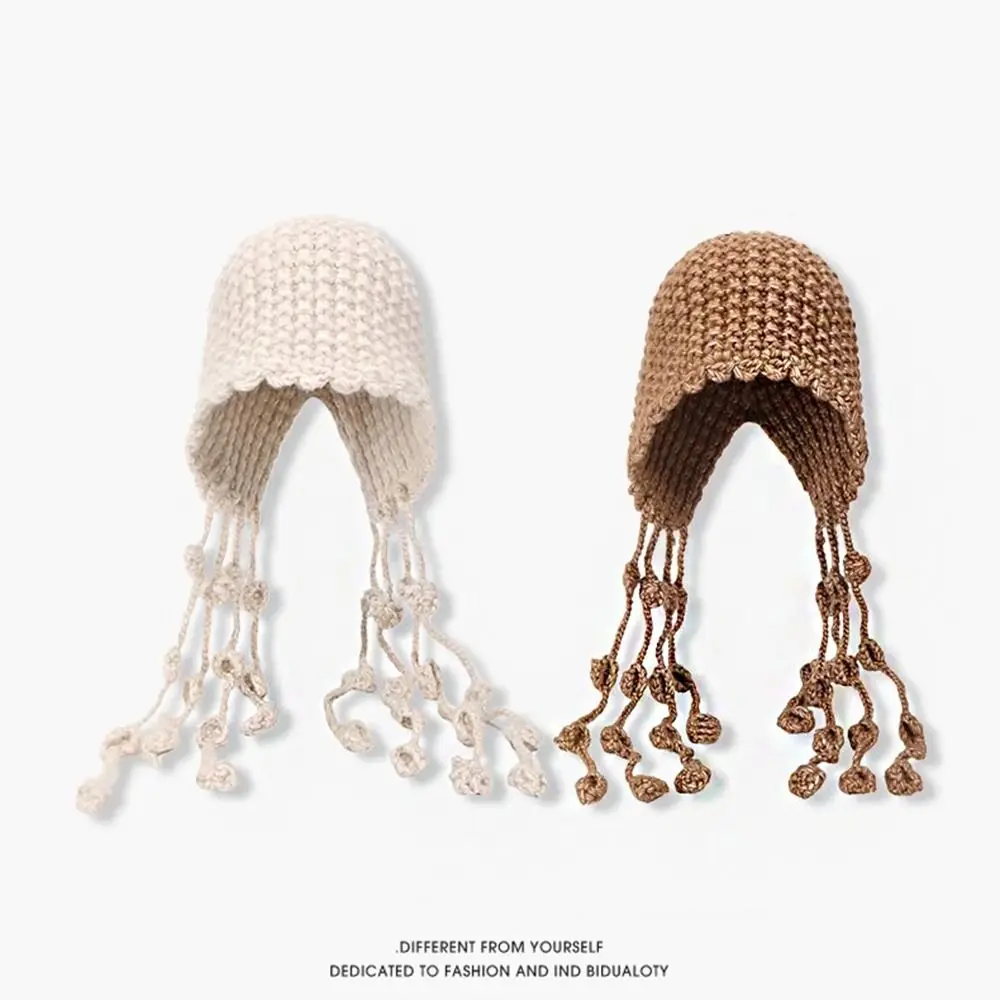 خمر شرابات الكروشيه محبوك قبعة الجوف خارج البوهيمي نمط شرابة بيني الكورية اليدوية قبعة متماسكة في الهواء الطلق