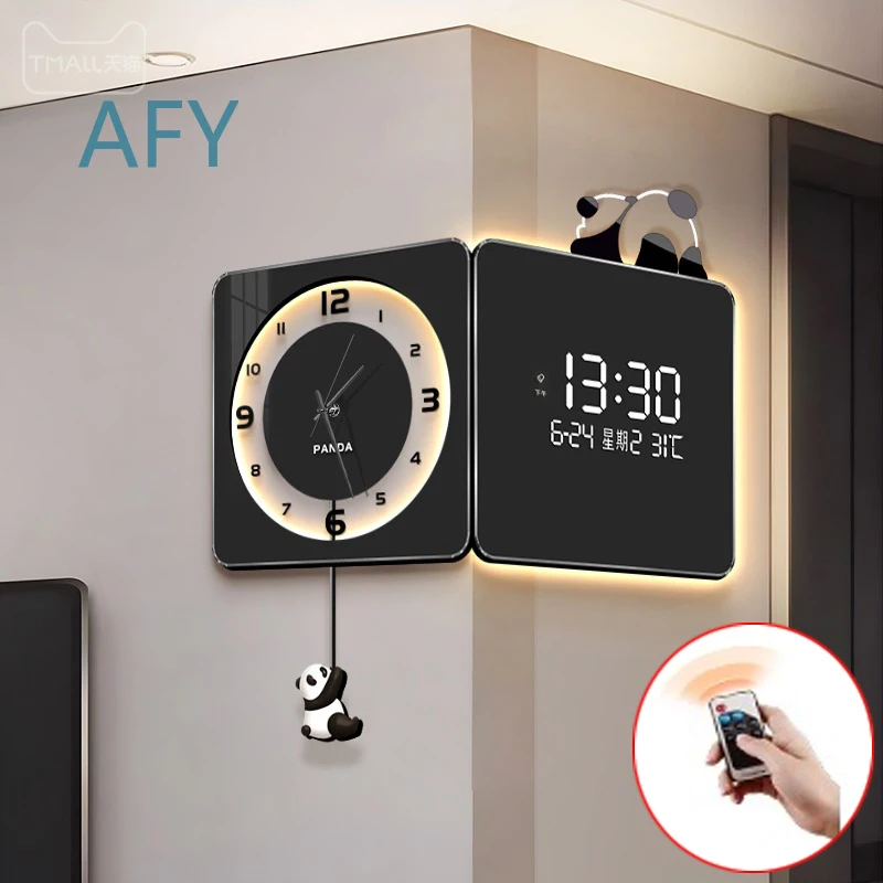 Panda Corner Wall Clock for Modern Living Room Decor Double Sided Digital Needle Calendar Clock for Home Office Bedroom Wall