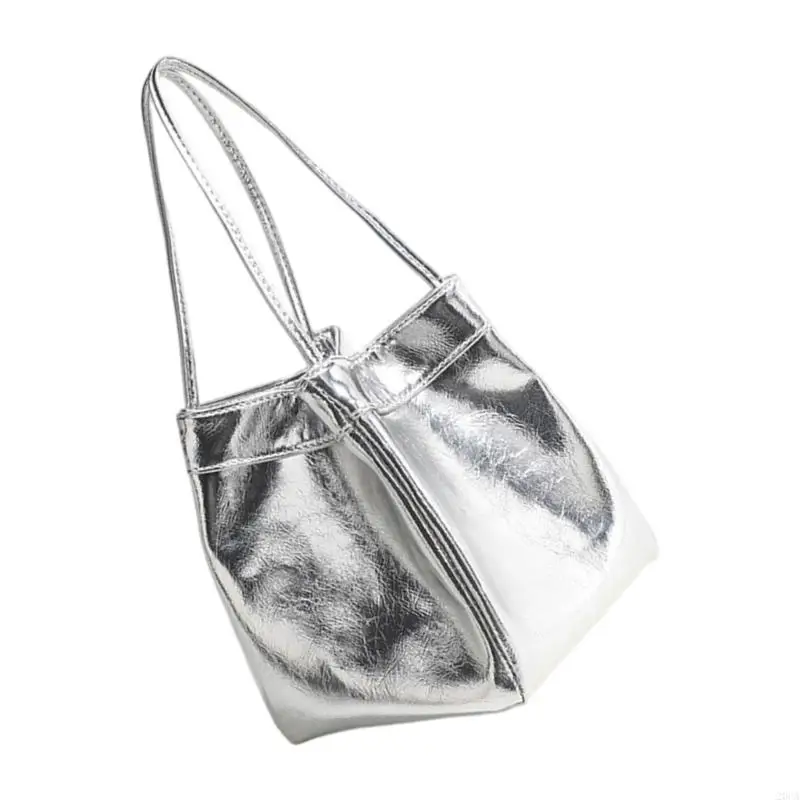 

Glossy Texture Bucket Bag Lightweight Fabric Spacious Interior Top Handle Purse 20CA