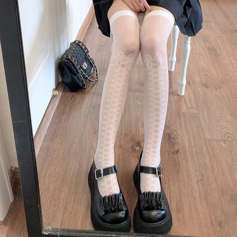 

Imitation Boot Cross Tie Bow Stockings Fashionable Lolita/JK/Punk Style Knee High Socks Semi Transparent Core Wrapped Stockings