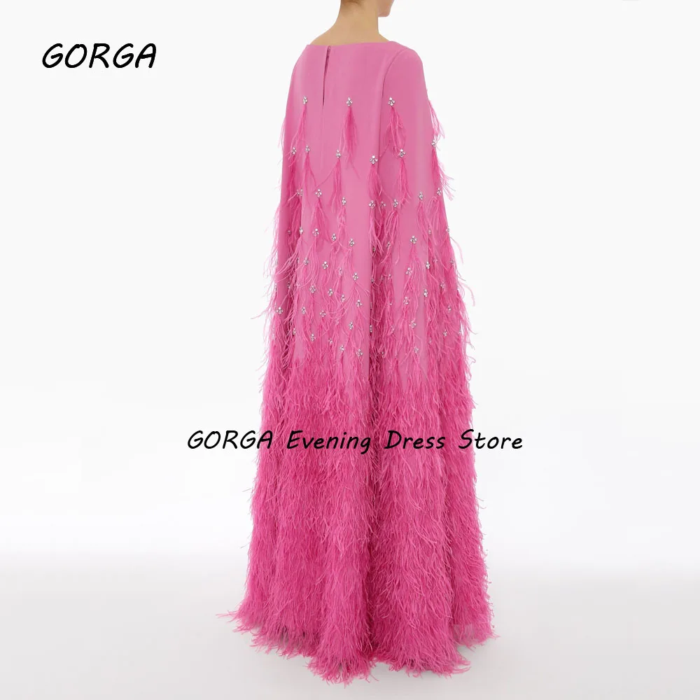 GORGA Pink Crepe O-Neck Mermaid 2024Slim Backless Beading Feathers Cope Ocassion Gown Floor-Length Evening Dressفستان سهرة نسائي