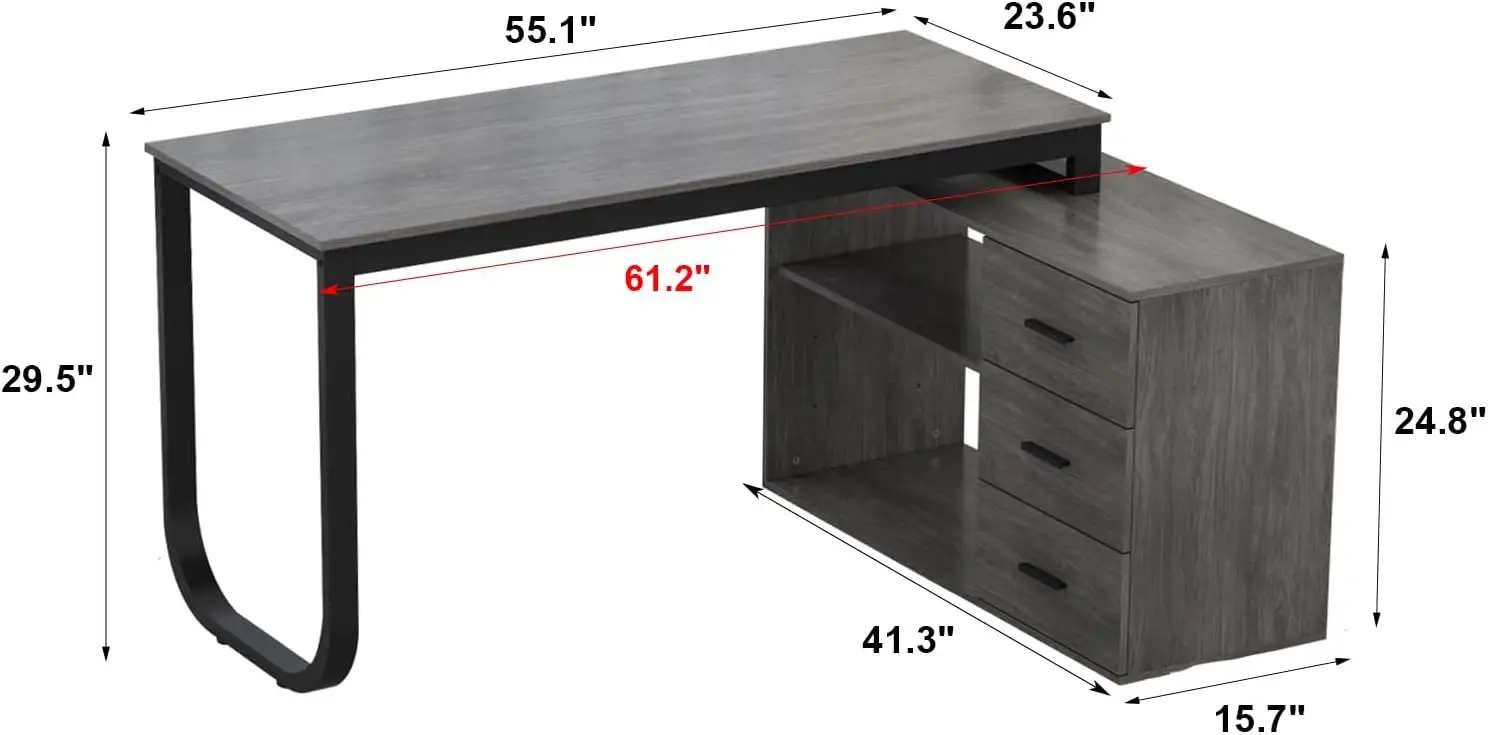 Home Office Computer Desk Corner Desk with 3 Drawers and 2 Shelves 55 Inch Large L-Shaped Study Writing Table