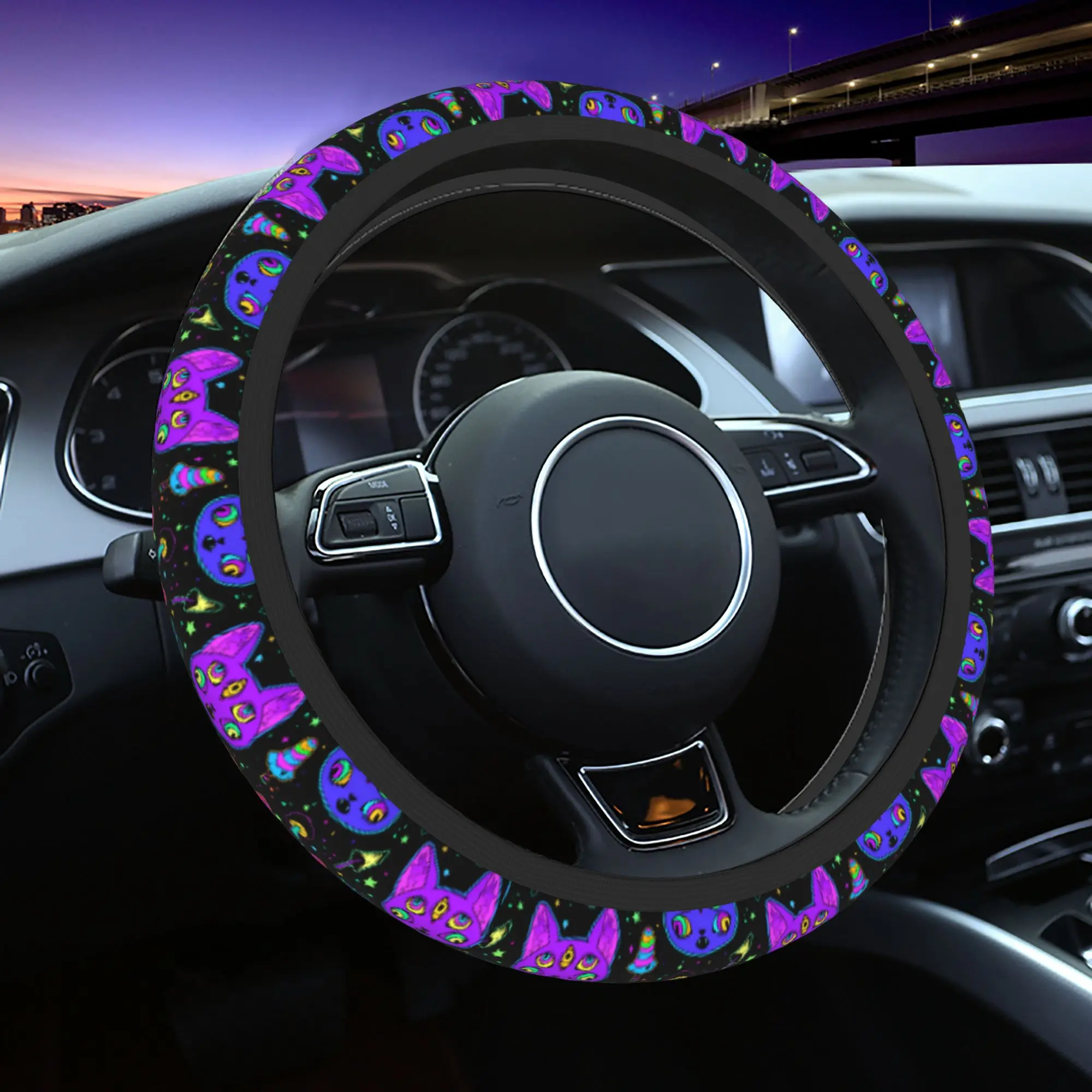 Psychedelic Cat Car Steering Wheel Cover 38cm Elastic  Steering Wheel Protective Cover Elastische Car Accessories