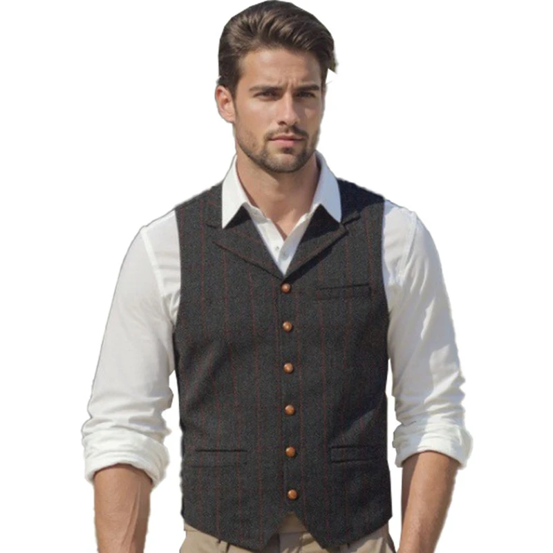 

Gray Casual Gentleman Men's Army Green Vest Plaid Soft Wool Jacket Tweed Business Waistcoat For Wedding Best Man