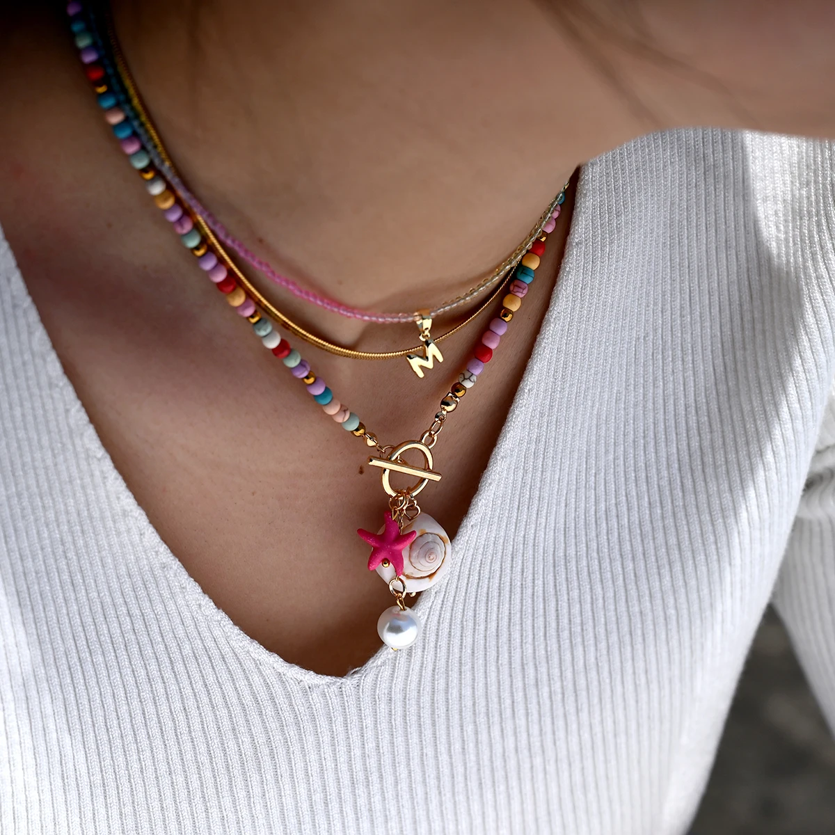 Conch Shell Pendant Necklace with 4mm Artificial Turquoise Bohemia Chain & Faux Pearl Starfish Pendant Charms Jewelry
