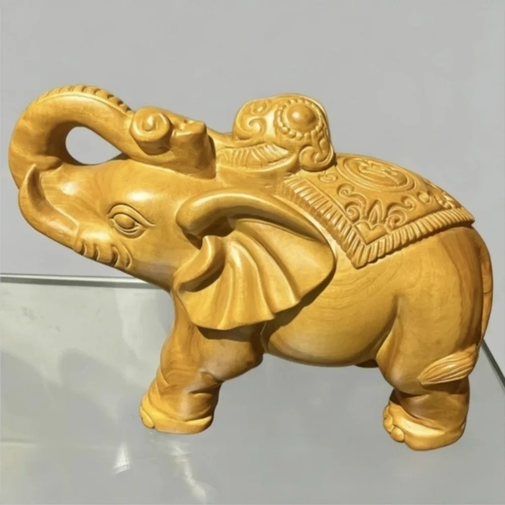 Solid Camphor Wood Carved Elephant Ornament—A Symbol of Good Luck and Prosperity for Home Decor