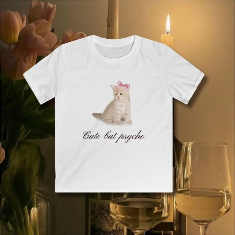 Aesthetic Short Sleeve T-Shirt Y2k Clothes Gothic Emo Girl Croped Tops Fun Kitten Print Vintage Women Casual Baby Tee Streetwear