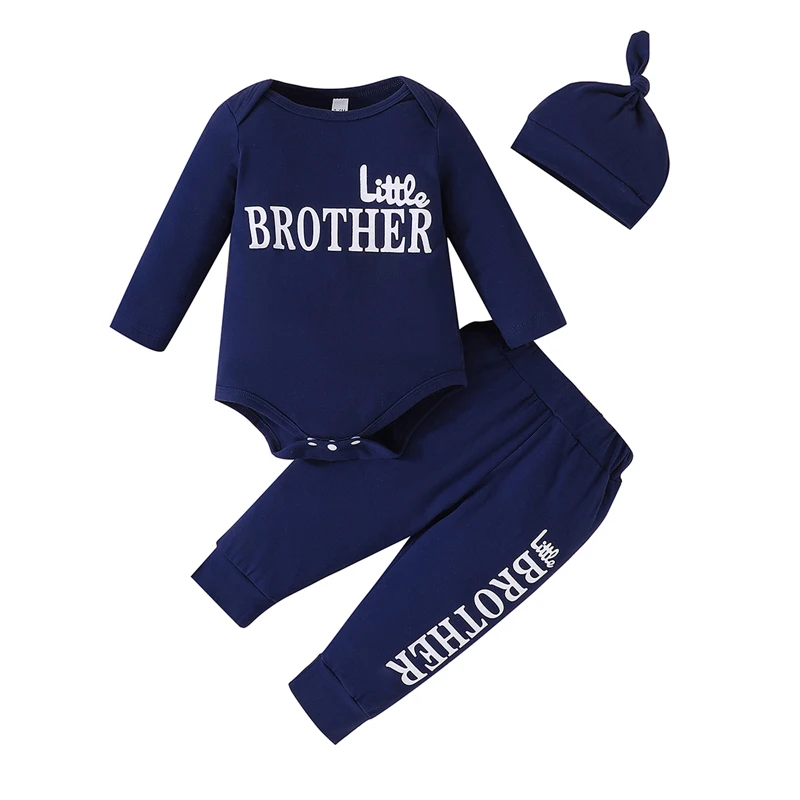 

Newborn Baby Boy Fall Winter Outfit Letter Print Long Sleeve Romper Long Pants and Hat 3Pcs Set