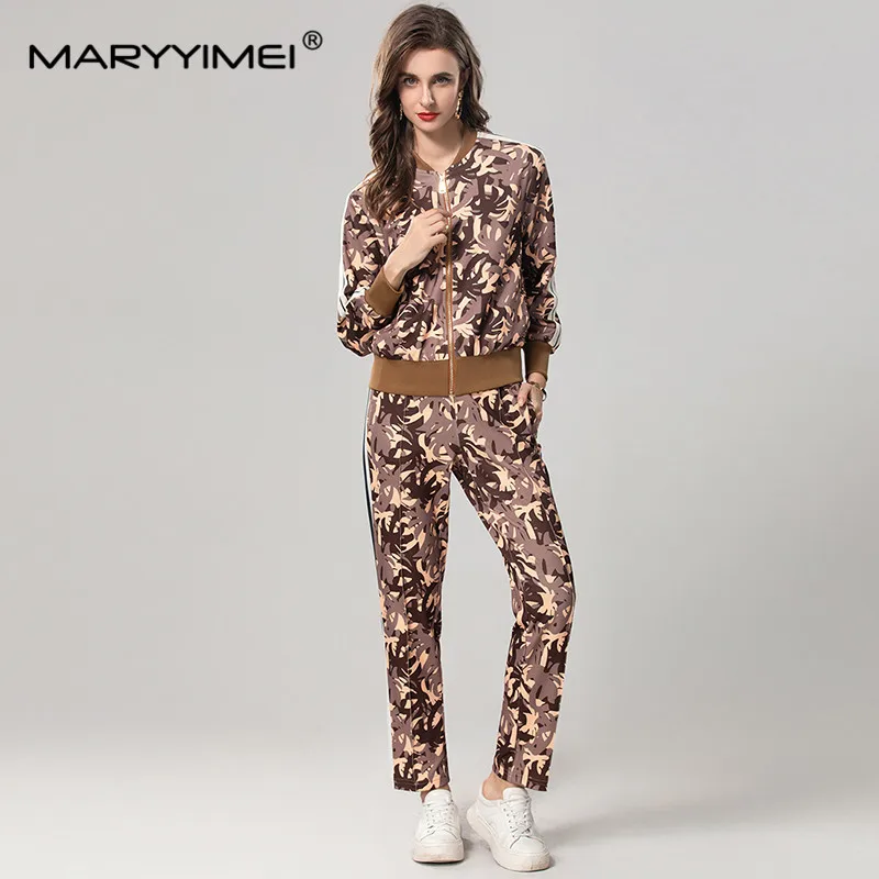 MARYYIMEI New Style Women\'s Suit Autumn and Winter Stand Collar Long Sleeved Tops+Pencil pants Unique printed 2 piece set