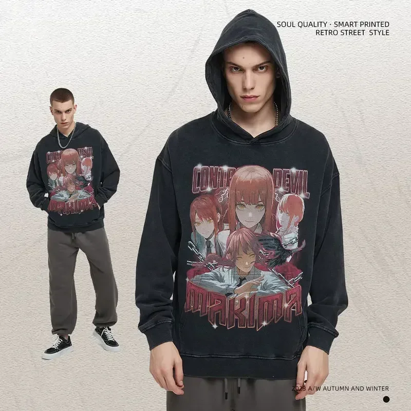 Makima Denji Power Aki Hoodie Vintage Washed Anime Manga Hooded Sweatshirts Oversized Chainsaw Demon Hoodies Men 100% Cotton