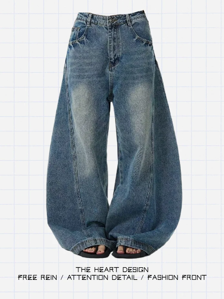 

American Style Vintage Pleated Wide Knife Design Casual Loose Women's Jeans High Waist Bootcut Pants for Pear Shaped Body