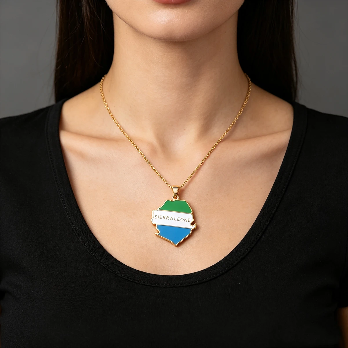 Vintage Enamel Sierra Leone Map Flag Pendant Necklace Casual Fashion Unisex Couple Stainless Steel Ethnic Jewelry