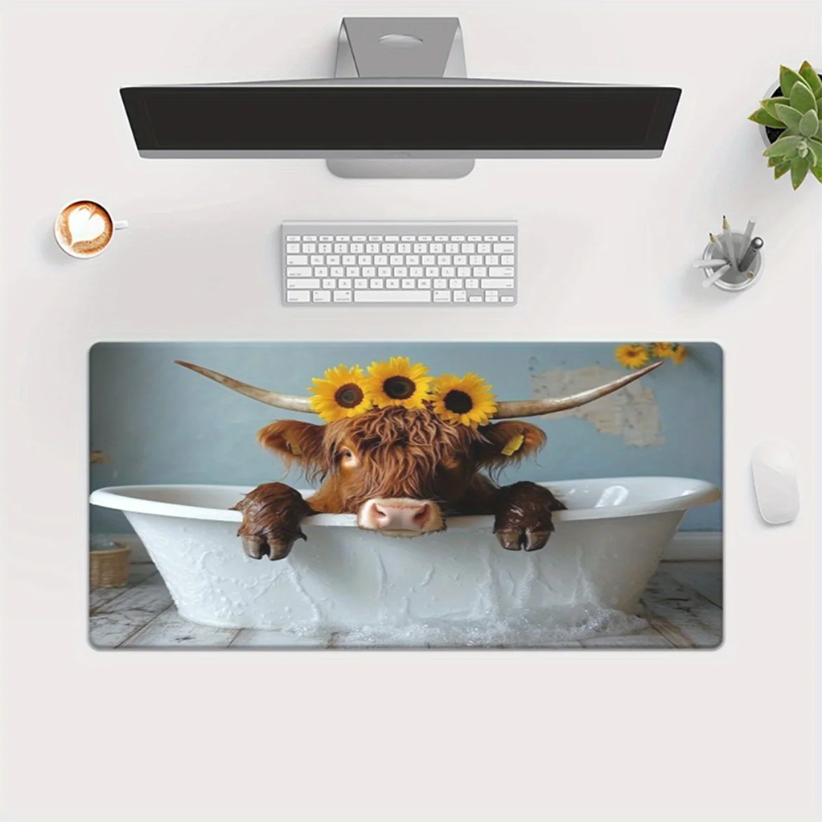 Whimsical Highland Cow Bathtub Sunflower Mouse Pad Rubber Anti-Slip Gaming Office Desk Mat