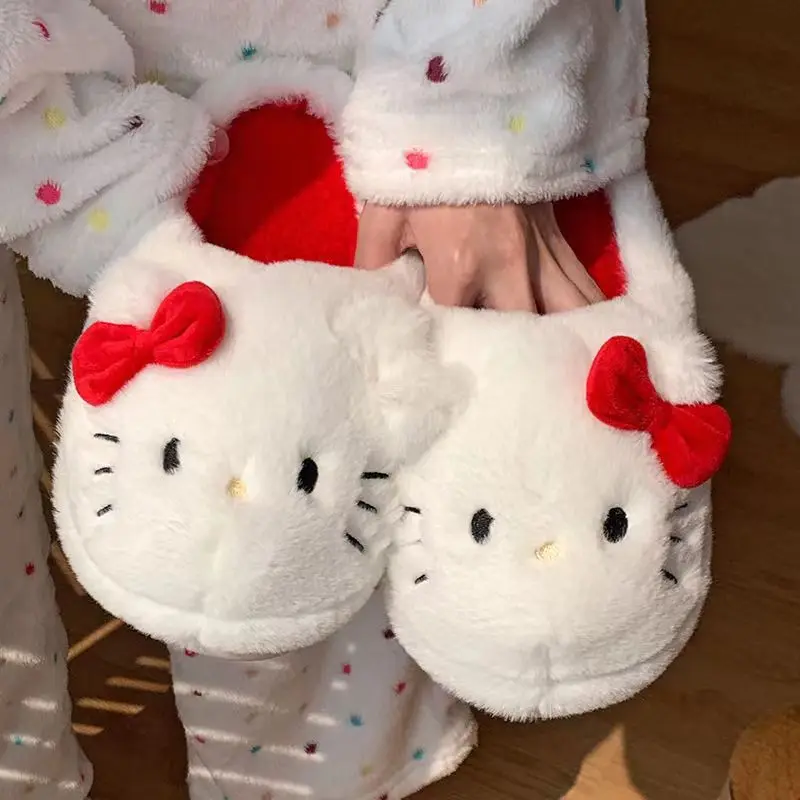 Sanrio Hello Kitty cartoon cute white fluffy women's cotton slippers thickened autumn and winter home non-slip warm cotton shoes