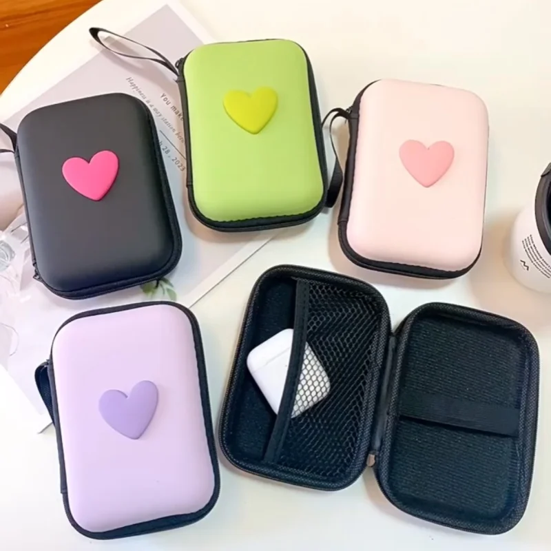 1PC Travel Storage Bag Portable Charging Case USB Data Cable Organizer Headset Cable Bag Square Zipper Bag With Love Pattern