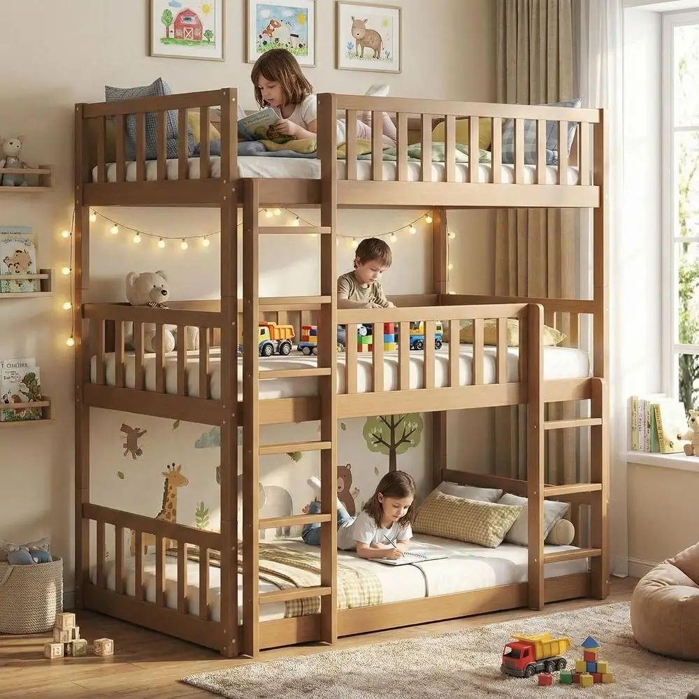 

Wooden 3-in-1 Twin Bunk Beds for Kids, Convertible, Safe Guardrails, Dual Ladders, Space-Saving Design, White Oak Finish