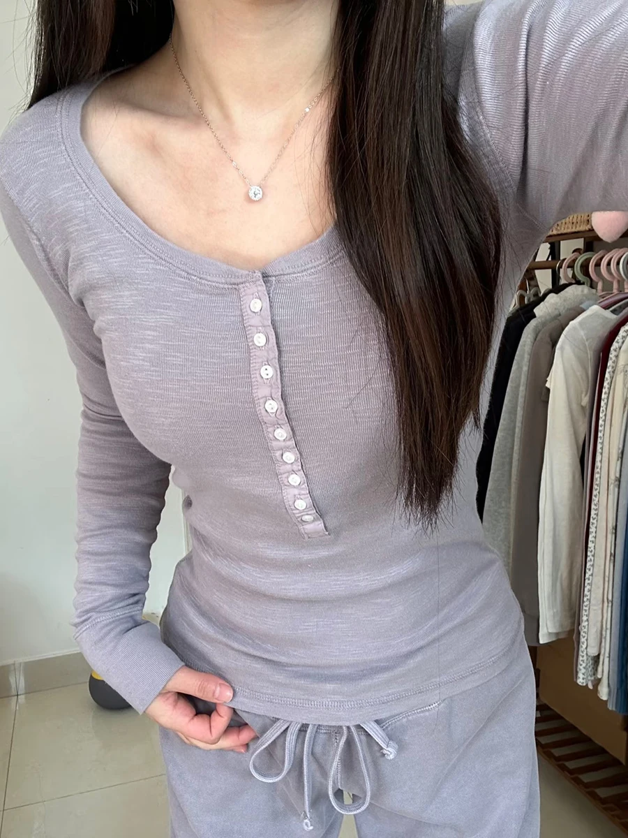 

Purple Cotton Slim Long Sleeve T-shirt Woman Summer New Buttons O-Neck Slim Tshirts Female Vintage Solid Sweet Basic Tees Y2k