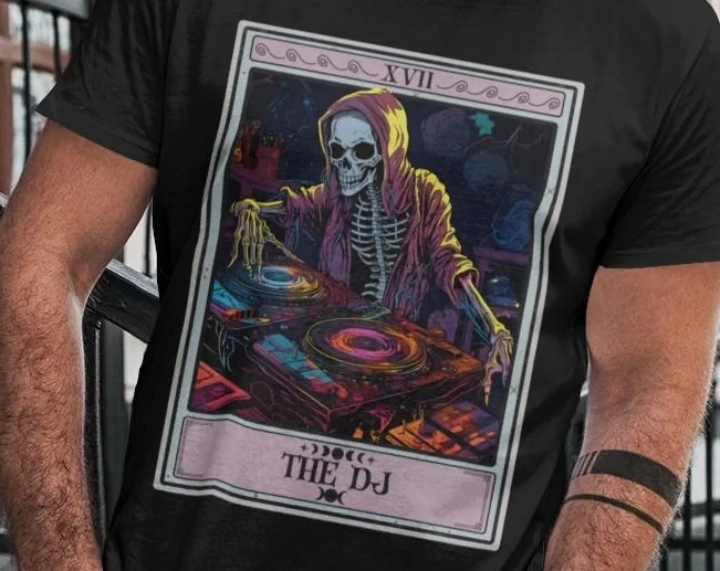 The DJ Tarot Skeleton Graphic Tshirt Men Gothic Skull DJ Turntable Print EDM Rave Oversized Cotton Streetwear Short Sleeve Tee
