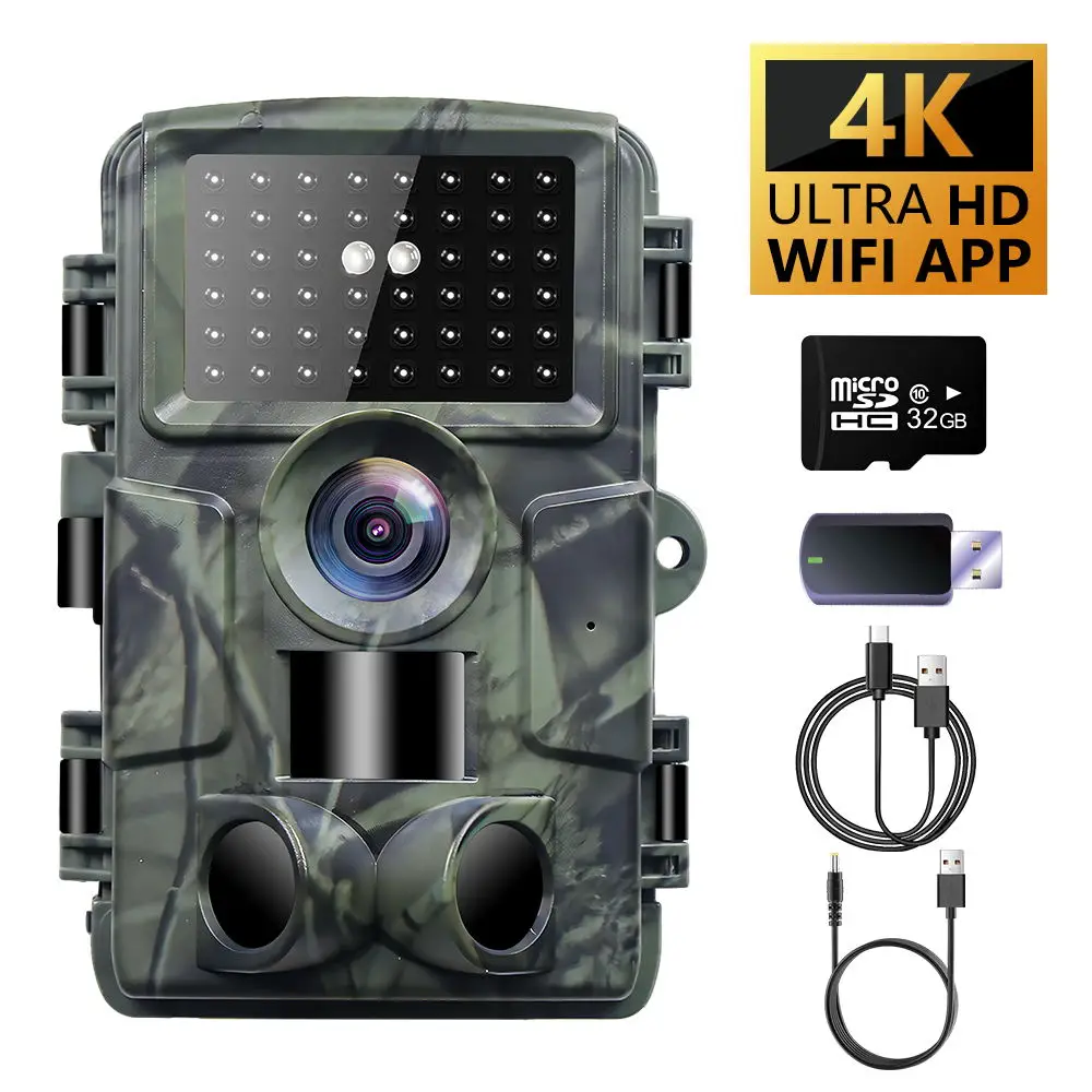 60MP HD Hunting Camera 4K WIFI with Micro SD 32GB card  Day and Night Vision Camera Backyard Farm Wildlife Monitoring (Black)