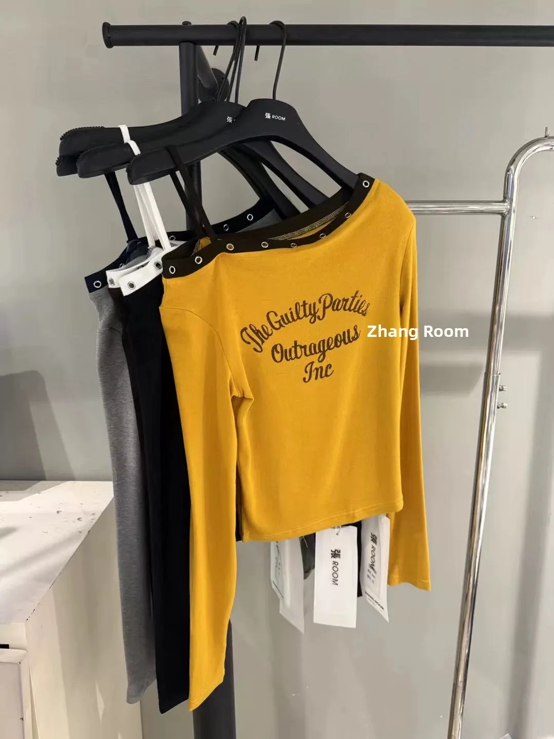 oulder Bared T irt damessli Koreaanse versie slim fit lang Sve katoen creatieve print veelzijdige hot girl top