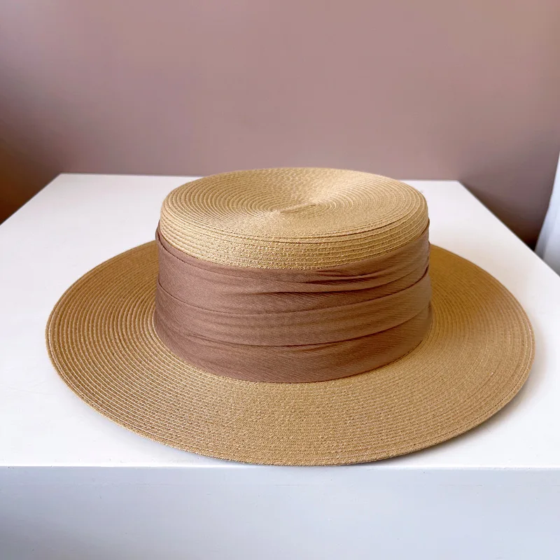 European American Retro Ribbon Wide Brim Hats For Women Elegant Flat Top Fashion Beach Cap Quality Wedding Sombrero Mujer Playa