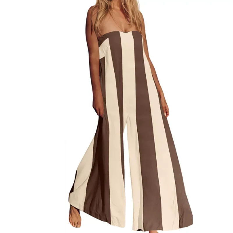 

Elegant Lady High Waist Wide Leg Rompers Casual Off Shoulder Loose Pleated Playsuits Vintage Stripe Printed Sleeveless Jumpsuits