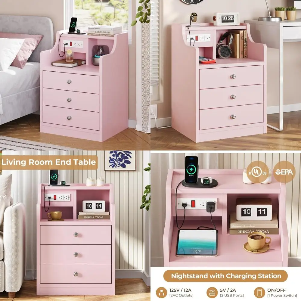

Pink Nightstand with Charging Station, Storage Drawers, and Hutch - Bedroom Side Table for Organization