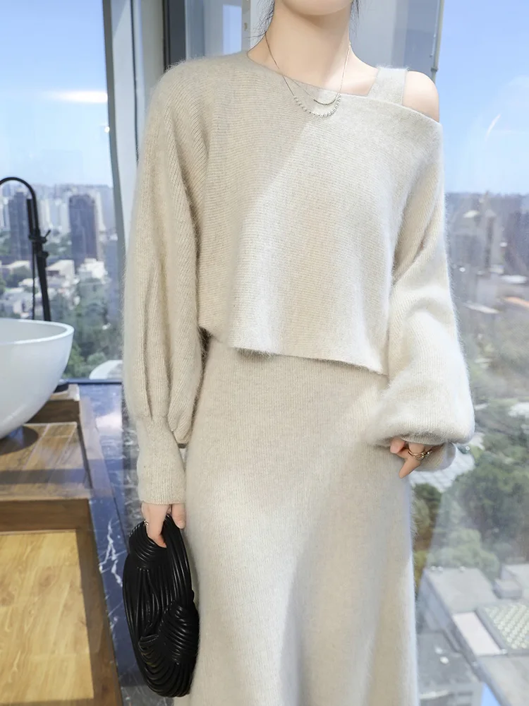 Women Suit One Collar Dresses 100% Mink Cashme Knit High Quality Sweater Top And Skirt Two-Piece Female Clothing Grace Soft Suit