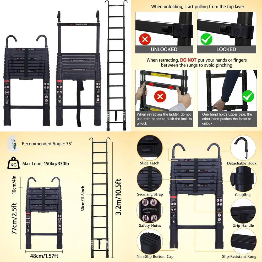 سلم تصغير من الألومنيوم بطول 10.5 قدم وارتفاع 3.2 متر مع خطافات سقف للوصول العلية سلم مستقيم محمول
