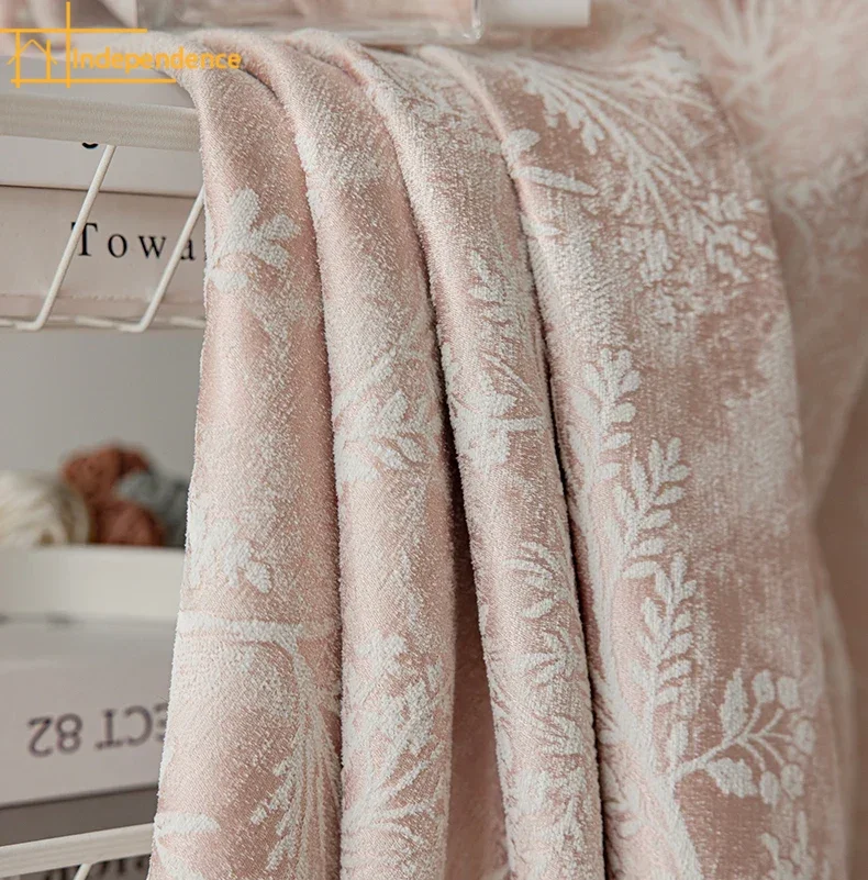 

French Romantic Pink Flowers Flocked Chenille Jacquard Curtains for Living Room Bedroom French Window Customized