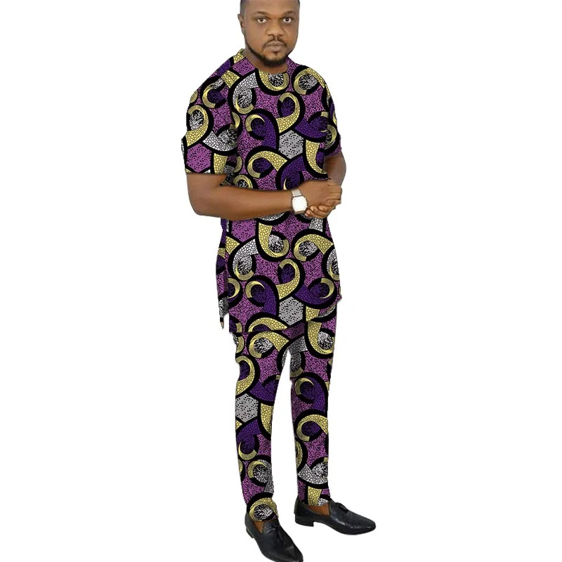 

African Fashion Men's Set Outfits Short Sleeve Tops Patch Trousers Nigerian Print Male Pant Suits Party Wear Customized