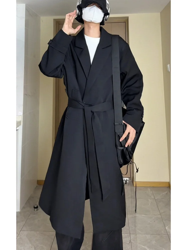 

Мужское пальто до колен в корейском стиле, весна-осень, британский стиль, 2025, длинное пальто с воротником-стойкой, на одной пуговице