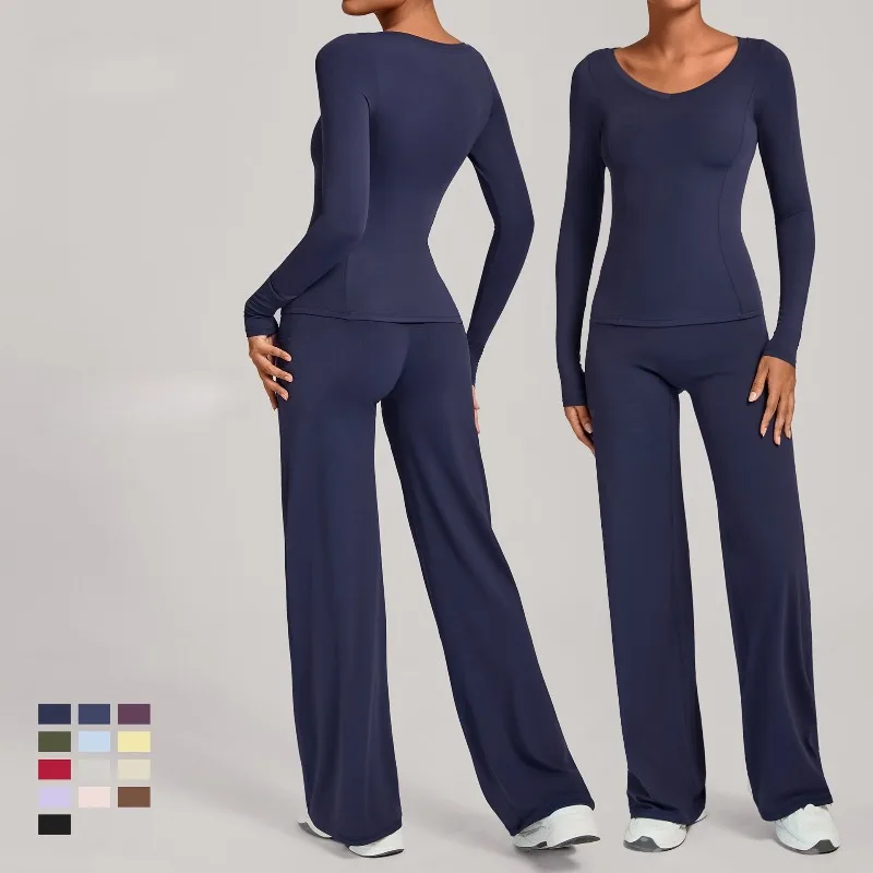 

Новый женский комплект для йоги с длинными рукавами, обтягивающий комплект для йоги с высокой талией, быстросохнущий спортивный костюм для бега, фитнеса, комплект из двух предметов