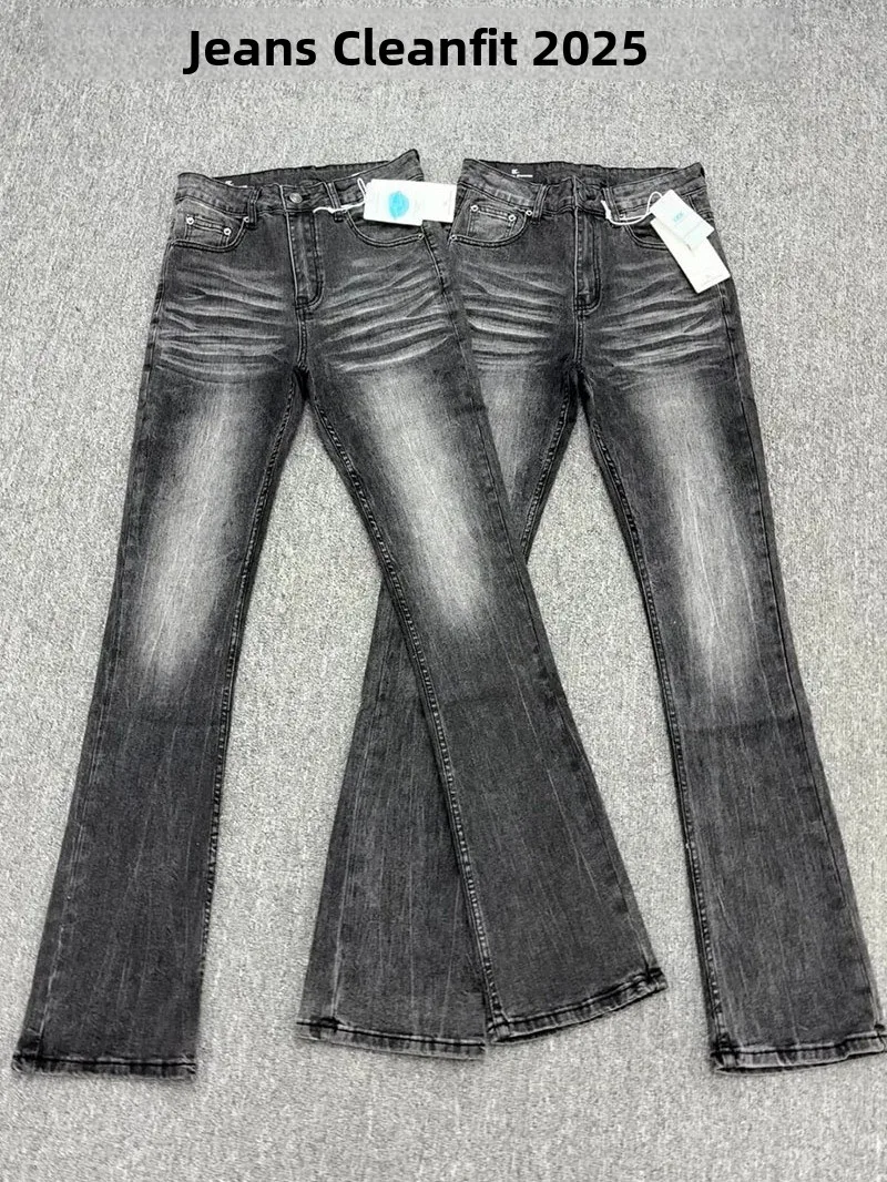 Calça Jeans Cleanft Estilo Americano Slim Fit Micro Flare High Street Vibe para Homens e Mulheres, Preta e Cinza, 517, Casual